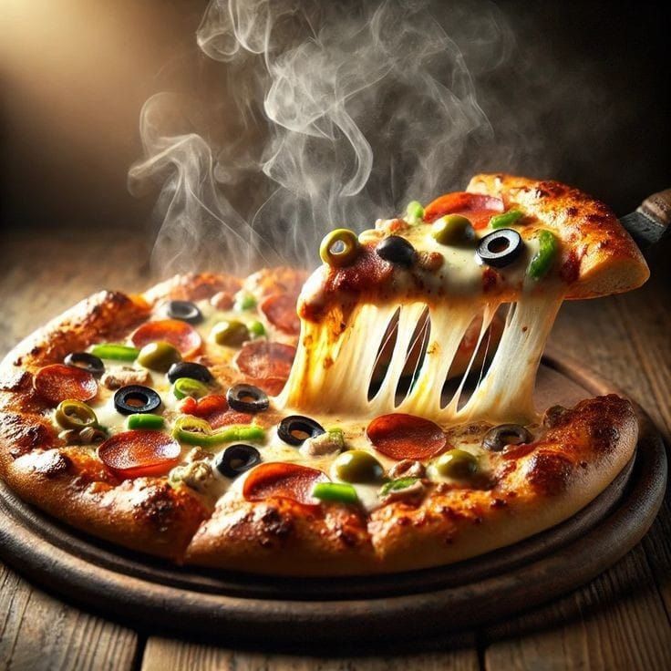 پیتزای داغ و تازه با تاپینگ مخلوط پپرونی، قارچ و فلفل دلمهای که پنیر موزارلای آب شده